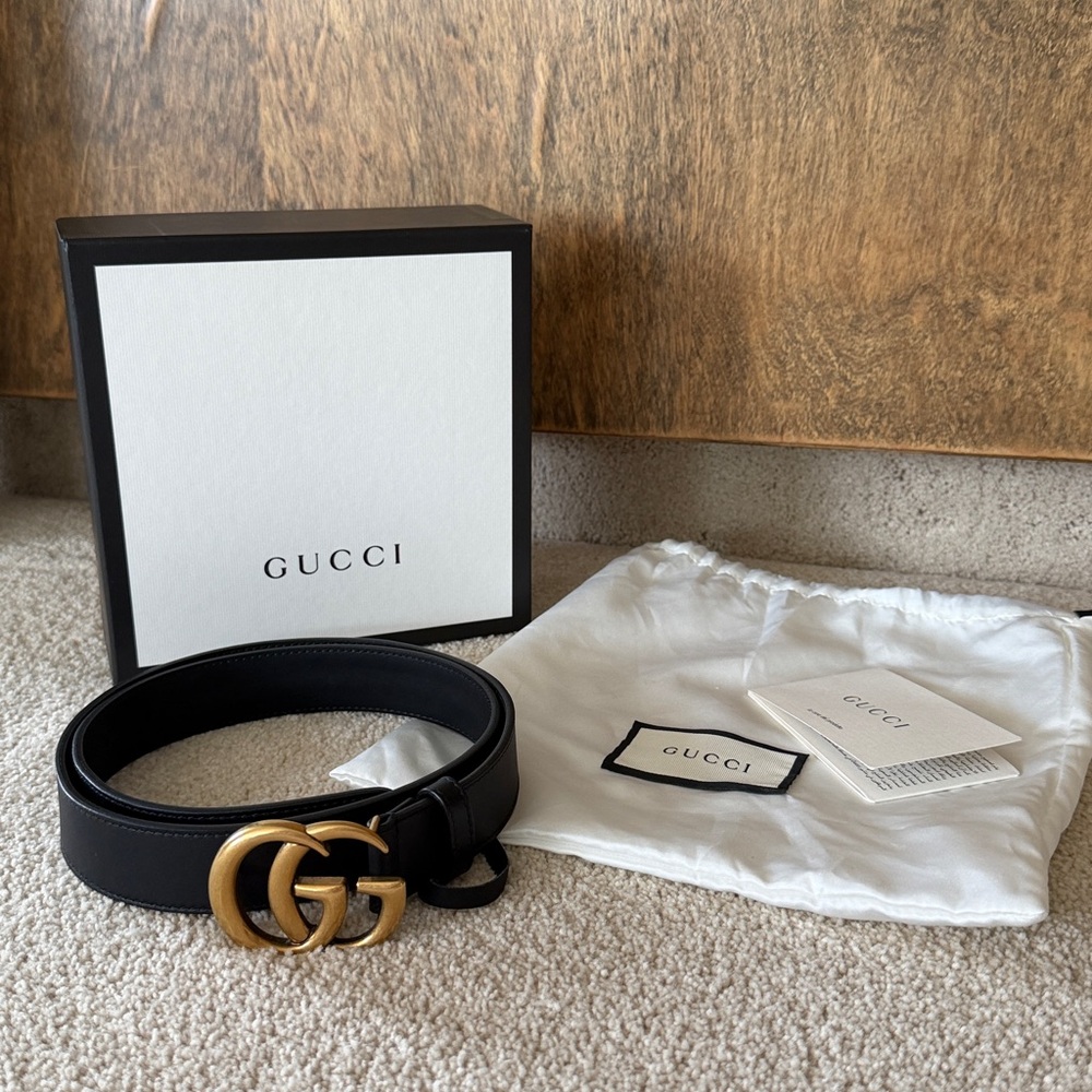 Gucci Marmont Leather Belt Size 85 with Gold GG Buckle Box and Dust Bag
